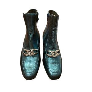 Free People Metallic Teal Ankle Boots with Gold Chain Accent